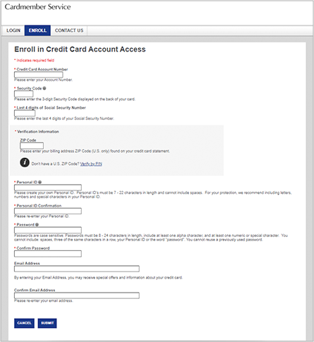 Enroll in Credit Card Account Access landing page example